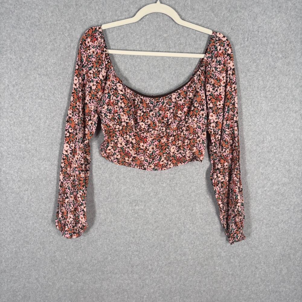 Wild Fable Cropped Corset Smocked Top Medium Pink Floral Milkmaid Coquette Y2K‎